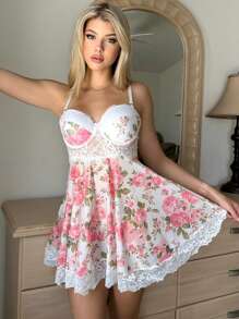 花卉印花对比色蕾丝钢圈娃娃装性感内衣连衣裙配丁字裤 - 彩色 - 查看 5