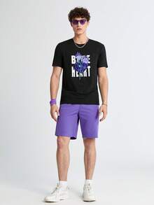 Manfinity VCAY 男士花卉和字母圖案T恤和短褲 - 紫羅蘭色 - 查看 4