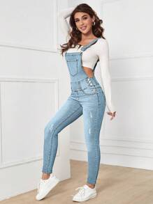 Flexra Ripped Patch Pocket Denim Jumpsuit Winter Casual