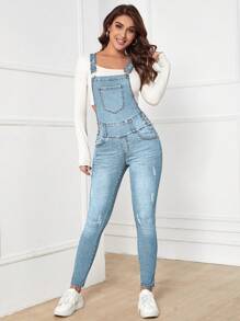 Flexra Ripped Patch Pocket Denim Jumpsuit Winter Casual