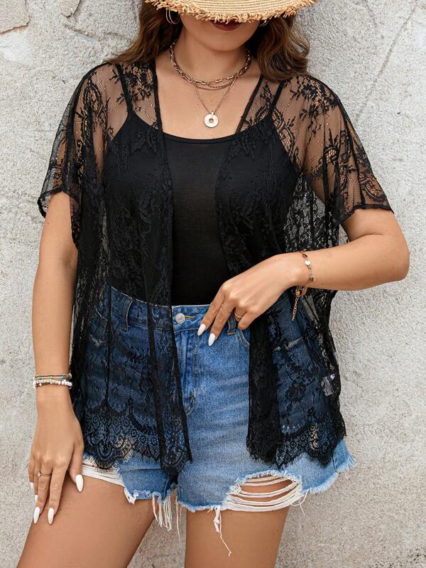 SHEIN VCAY Plus Size Open Front Lace Kimono Without Camisole Summer