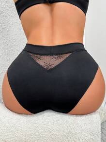 Contrast Lace Bow Front Panty Lingerie Bow Tie - Black - View 2