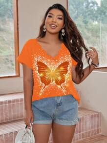 SHEIN LUNE Plus Size Butterfly Print Scallop Trim Tee For Summer - Orange - View 3