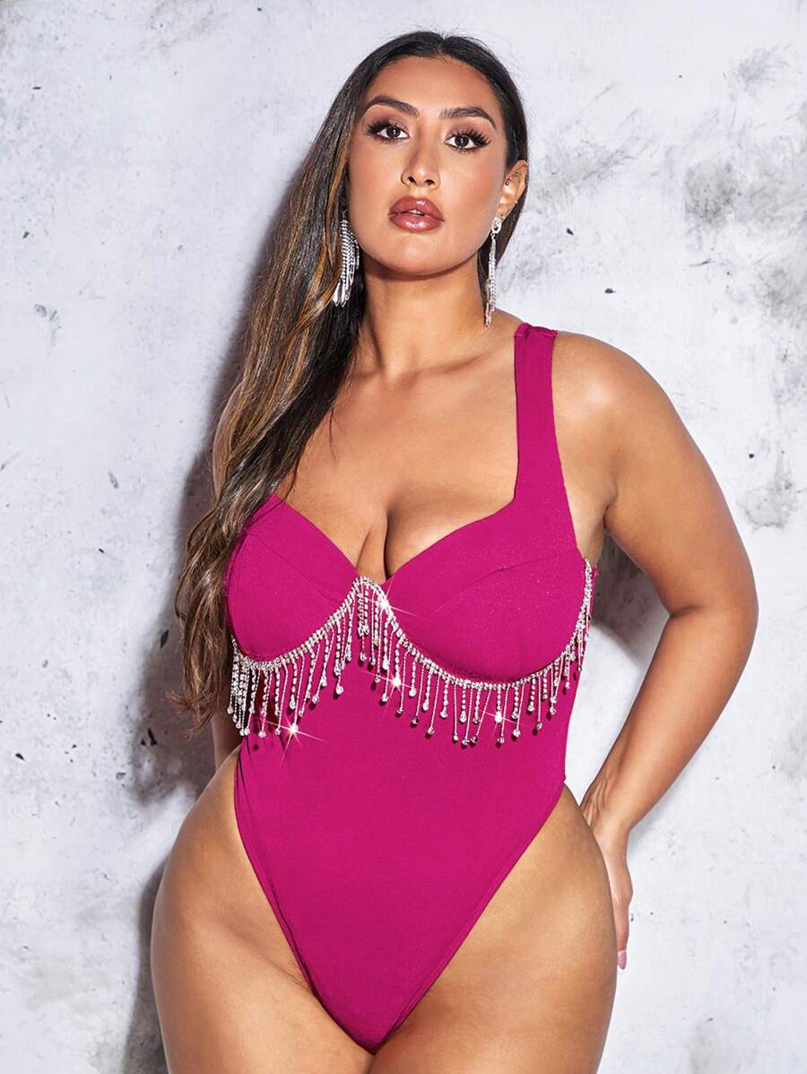 SHEIN BAE Plus Rhinestone Fringe Trim Bustier Bodysuit - Red Violet - View 1