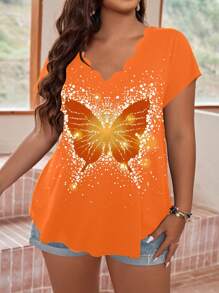 SHEIN LUNE Plus Size Butterfly Print Scallop Trim Tee For Summer - Orange - View 5