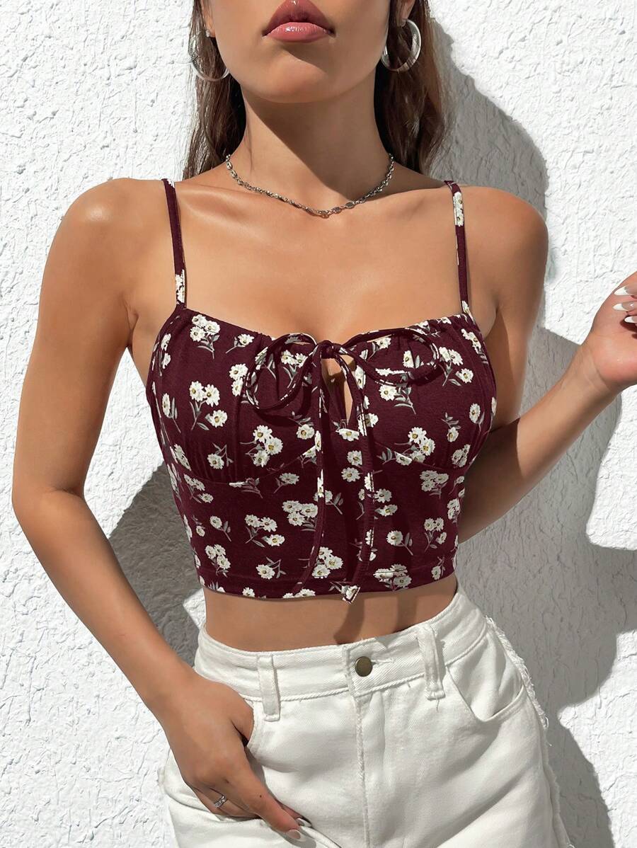 SHEIN Qutie Ditsy Floral Print Knot Front Cami Top - Maroon - View 1