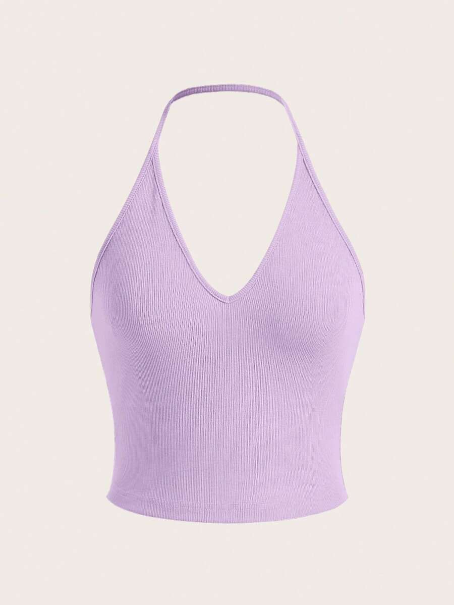 SHEIN EZwear 素色露背掛脖上衣 - 紫丁香色 - 查看 1
