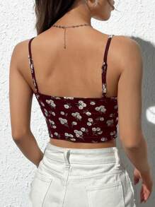SHEIN Qutie Ditsy Floral Print Knot Front Cami Top - Maroon - View 2