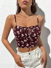 SHEIN Qutie Ditsy Floral Print Knot Front Cami Top - Maroon - View 3