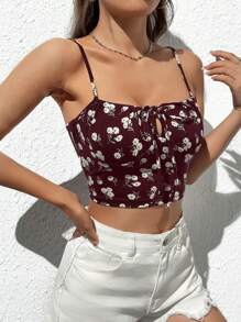 SHEIN Qutie Ditsy Floral Print Knot Front Cami Top - Maroon - View 4