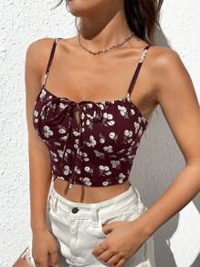 SHEIN Qutie Ditsy Floral Print Knot Front Cami Top - Maroon - View 5