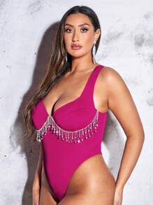 SHEIN BAE Plus Rhinestone Fringe Trim Bustier Bodysuit - Red Violet - View 6