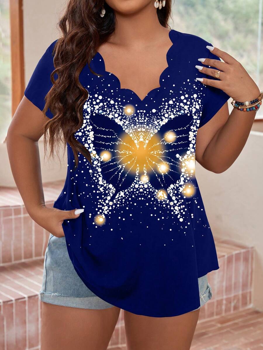 SHEIN LUNE 大碼蝴蝶圖案貝殼邊T恤 - 寶藍色 - 查看 1