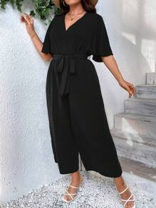 SHEIN LUNE 大碼蝴蝶袖腰帶闊腿連體褲 - 黑色 - 查看 1