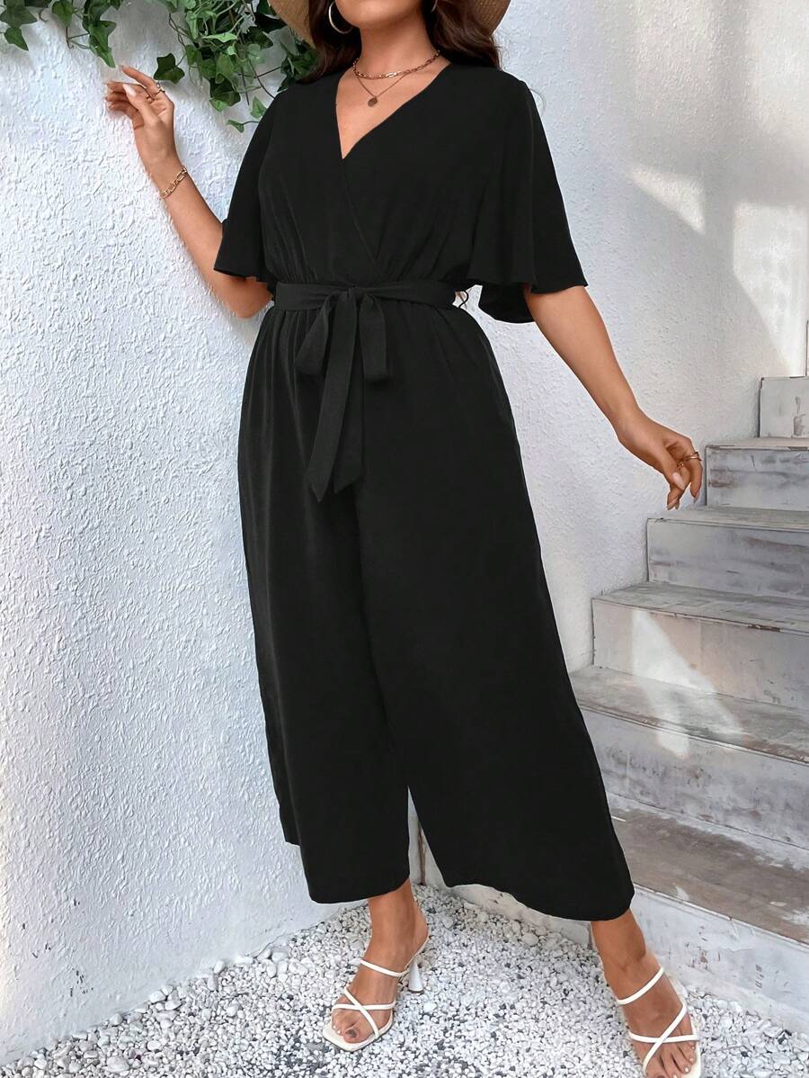 SHEIN LUNE 大碼蝴蝶袖腰帶闊腿連體褲 - 黑色 - 查看 1