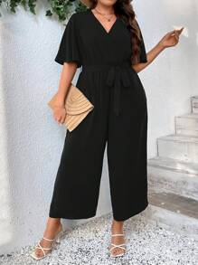 SHEIN LUNE 大碼蝴蝶袖腰帶闊腿連體褲 - 黑色 - 查看 3