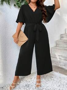 SHEIN LUNE 大碼蝴蝶袖腰帶闊腿連體褲 - 黑色 - 查看 5