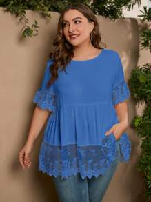 SHEIN LUNE 大碼拼接網紗刺繡荷葉邊花邊下擺上衣 - 藍色 - 查看 5