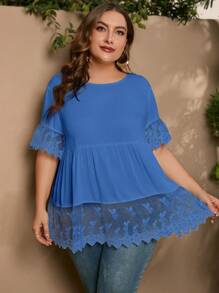 SHEIN LUNE 大碼拼接網紗刺繡荷葉邊花邊下擺上衣 - 藍色 - 查看 6