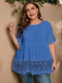 SHEIN LUNE 大碼拼接網紗刺繡荷葉邊花邊下擺上衣 - 藍色 - 查看 7