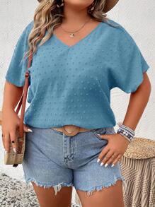 SHEIN LUNE 大碼圓點蝙蝠袖襯衫 - 淺藍色 - 查看 1