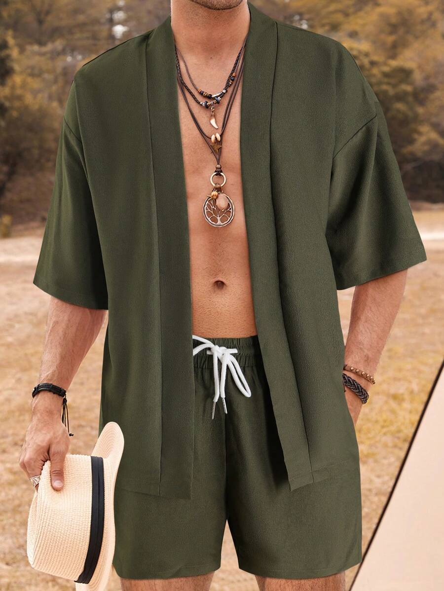 Manfinity RSRT Loose Fit Men's Solid Kimono & Drawstring Waist Shorts, Without Tee - Army Green - View 1
