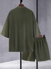 Manfinity RSRT Loose Fit Men's Solid Kimono & Drawstring Waist Shorts, Without Tee - Army Green - View 2