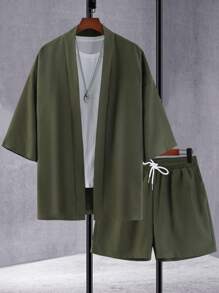 Manfinity RSRT Loose Fit Men's Solid Kimono & Drawstring Waist Shorts, Without Tee - Army Green - View 4