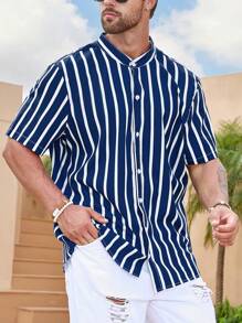 Manfinity Homme 男裝寬鬆直條紋襯衫 - 藍白色 - 查看 1