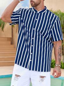 Manfinity Homme 男裝寬鬆直條紋襯衫 - 藍白色 - 查看 3