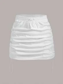 SHEIN EZwear Drawstring Waist Ruched Side Skirt - White - View 1