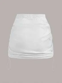 SHEIN EZwear Drawstring Waist Ruched Side Skirt - White - View 2