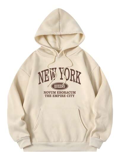 SHEIN EZwear Plus Letter Graphic  Pocket Drawstring Thermal Hoodie Winter Fall Autumn