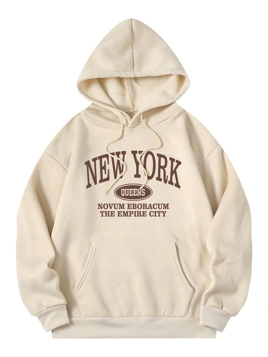 SHEIN EZwear Plus Letter Graphic  Pocket Drawstring Thermal Hoodie Winter Fall Autumn