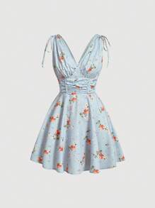 SHEIN MOD Rygglös Dragsko Knut Rynkad Dragkedja Blommig Boho Klänning - Babyblå - Visa 1