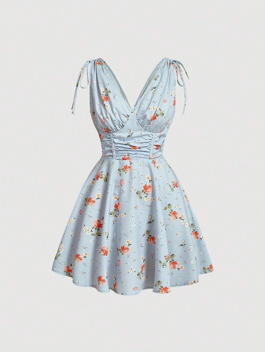 SHEIN MOD Rygglös Dragsko Knut Rynkad Dragkedja Blommig Boho Klänning - Babyblå - Visa 1