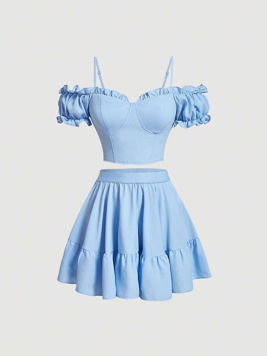 SHEIN MOD Bộ đồ hai mảnh nữ viền lá sen Viên lá sen Dải chun màu trơn Giải trí - Màu xanh nhạt - Xem 1