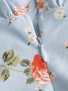 SHEIN MOD Rygglös Dragsko Knut Rynkad Dragkedja Blommig Boho Klänning - Babyblå - Visa 3