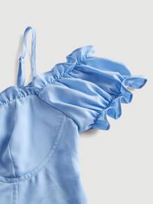 SHEIN MOD Bộ đồ hai mảnh nữ viền lá sen Viên lá sen Dải chun màu trơn Giải trí - Màu xanh nhạt - Xem 3