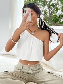 SHEIN EZwear 素色單肩短款襯衫 - 白色 - 查看 6