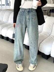 Quần jean nữ Nút Thêu Túi Đồ họa - Rửa trung bình - Xem 1