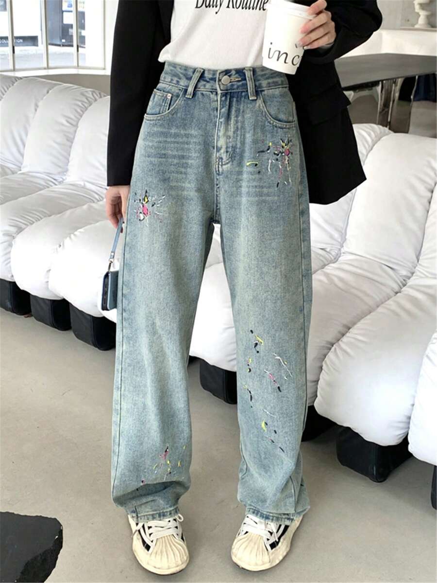 Quần jean nữ Nút Thêu Túi Đồ họa - Rửa trung bình - Xem 1