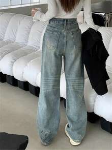 Quần jean nữ Nút Thêu Túi Đồ họa - Rửa trung bình - Xem 2