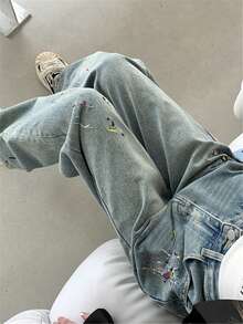 Quần jean nữ Nút Thêu Túi Đồ họa - Rửa trung bình - Xem 3