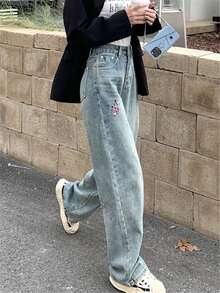 Quần jean nữ Nút Thêu Túi Đồ họa - Rửa trung bình - Xem 5