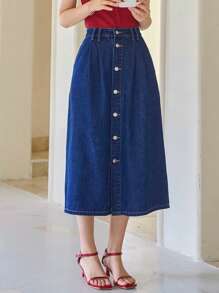 DAZY 高腰前紐扣牛仔半身裙 - 深色水洗藍 - 查看 11