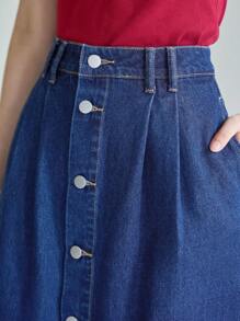 DAZY 高腰前紐扣牛仔半身裙 - 深色水洗藍 - 查看 13