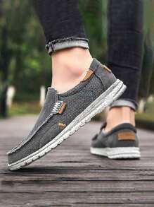 Men Stitching Detail Slip-on Boat Shoes, Casual Outdoor Canvas Loafers - Grey - View 1