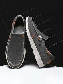 Men Stitching Detail Slip-on Boat Shoes, Casual Outdoor Canvas Loafers - Grey - View 3