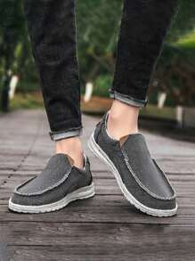 Men Stitching Detail Slip-on Boat Shoes, Casual Outdoor Canvas Loafers - Grey - View 4